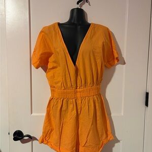 PLT Bright Orange V-Neck Romper